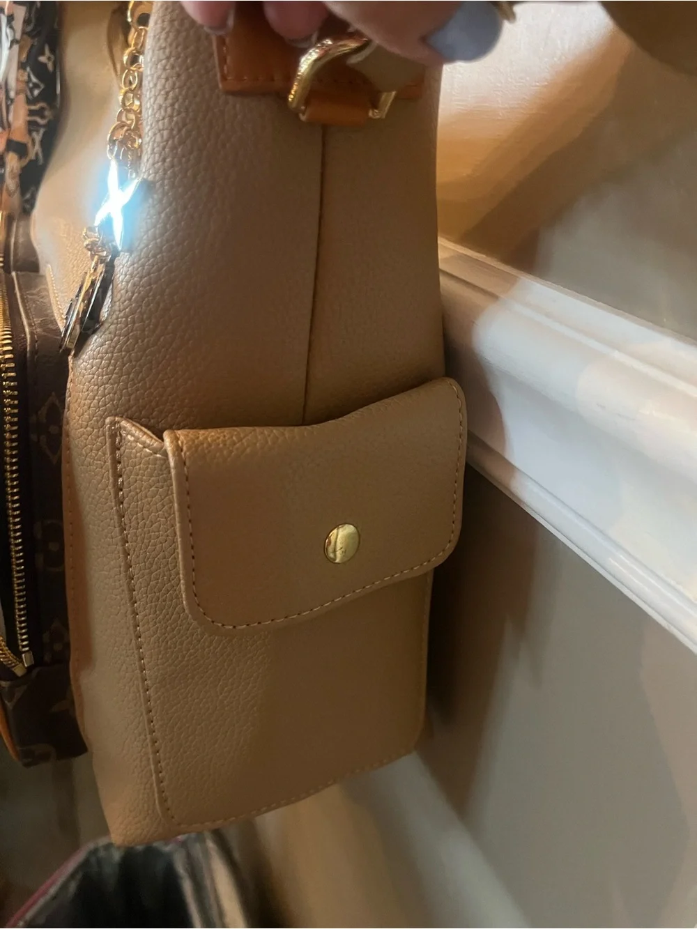 Louis Vuitton style  Tan Shoulder Bag with Monogram Front Pockets